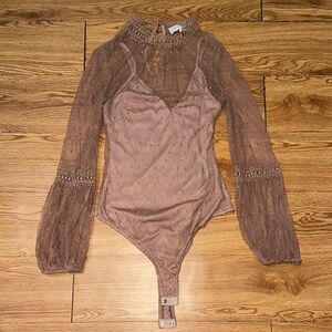 Endless Blu Mesh Elegant Brown Sheer Sleeve Bodysuit